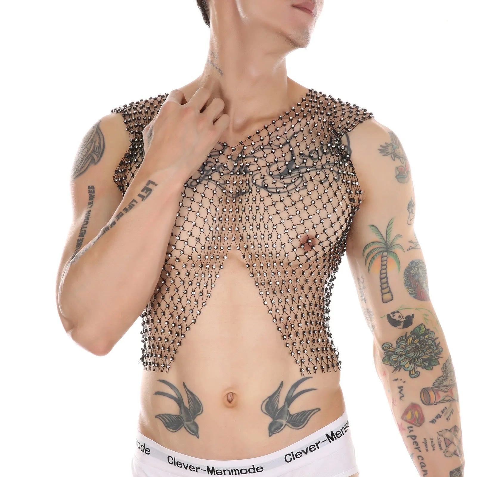 Men's big rhinestone split V-neck fishnet sleeveless top in nylon, black colour, front view
