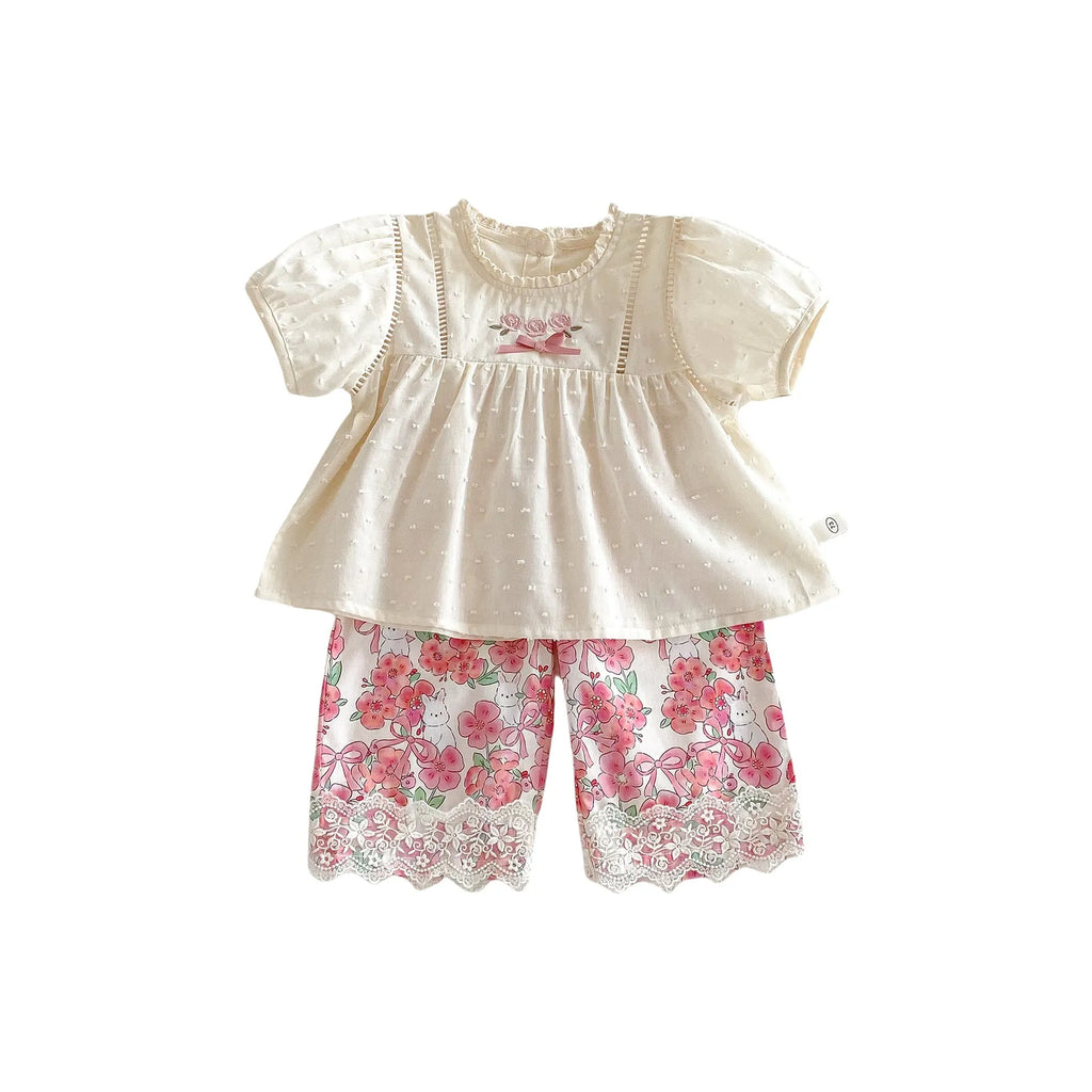 Children's lace collar cotton shirt and lace straight-leg pants set in almond colour