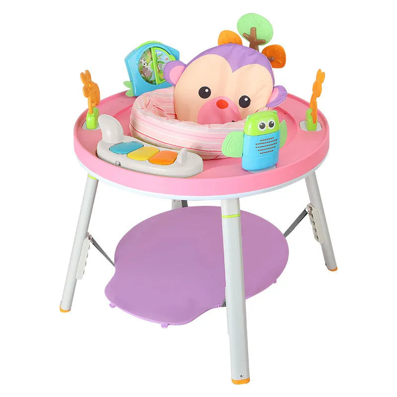 Baby bouncing in three-in-one jumping chair with gymnastic rack and interactive toys