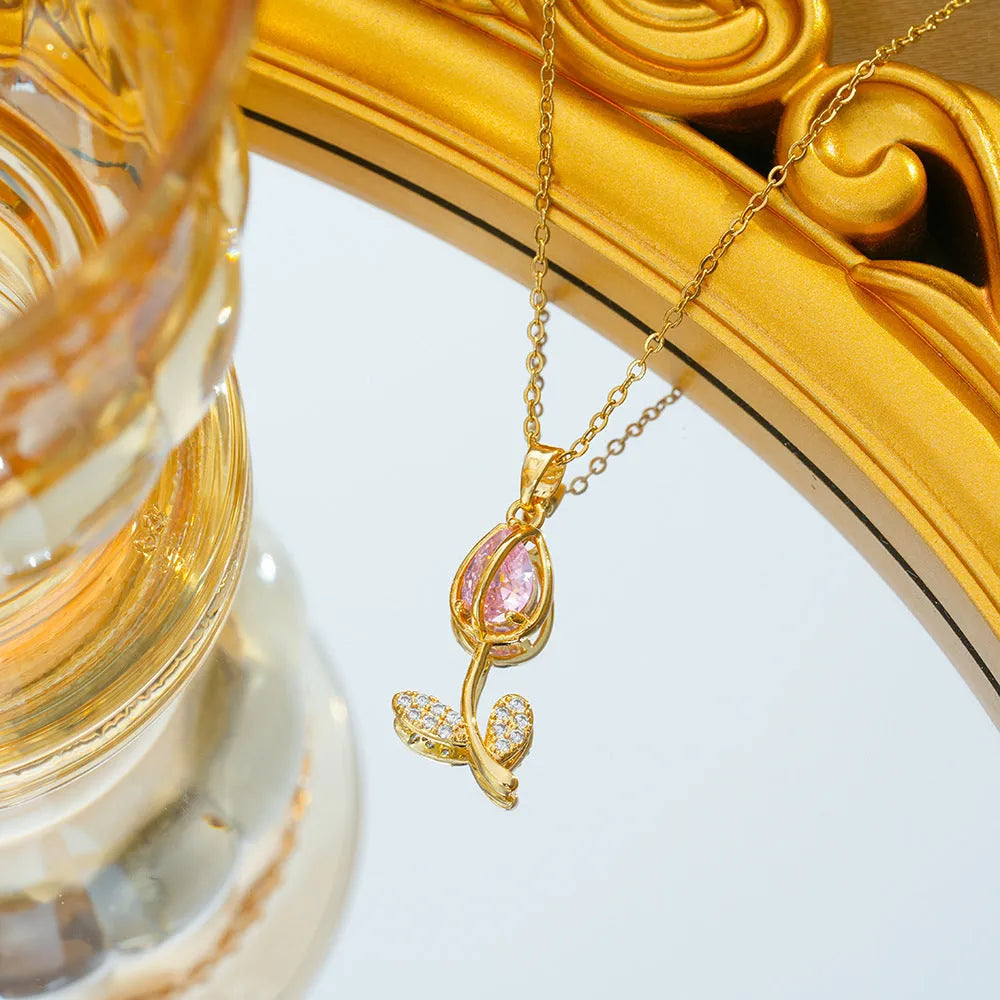 Women's zircon tulip pendant necklace with flower-shaped design on adjustable O-ring chain