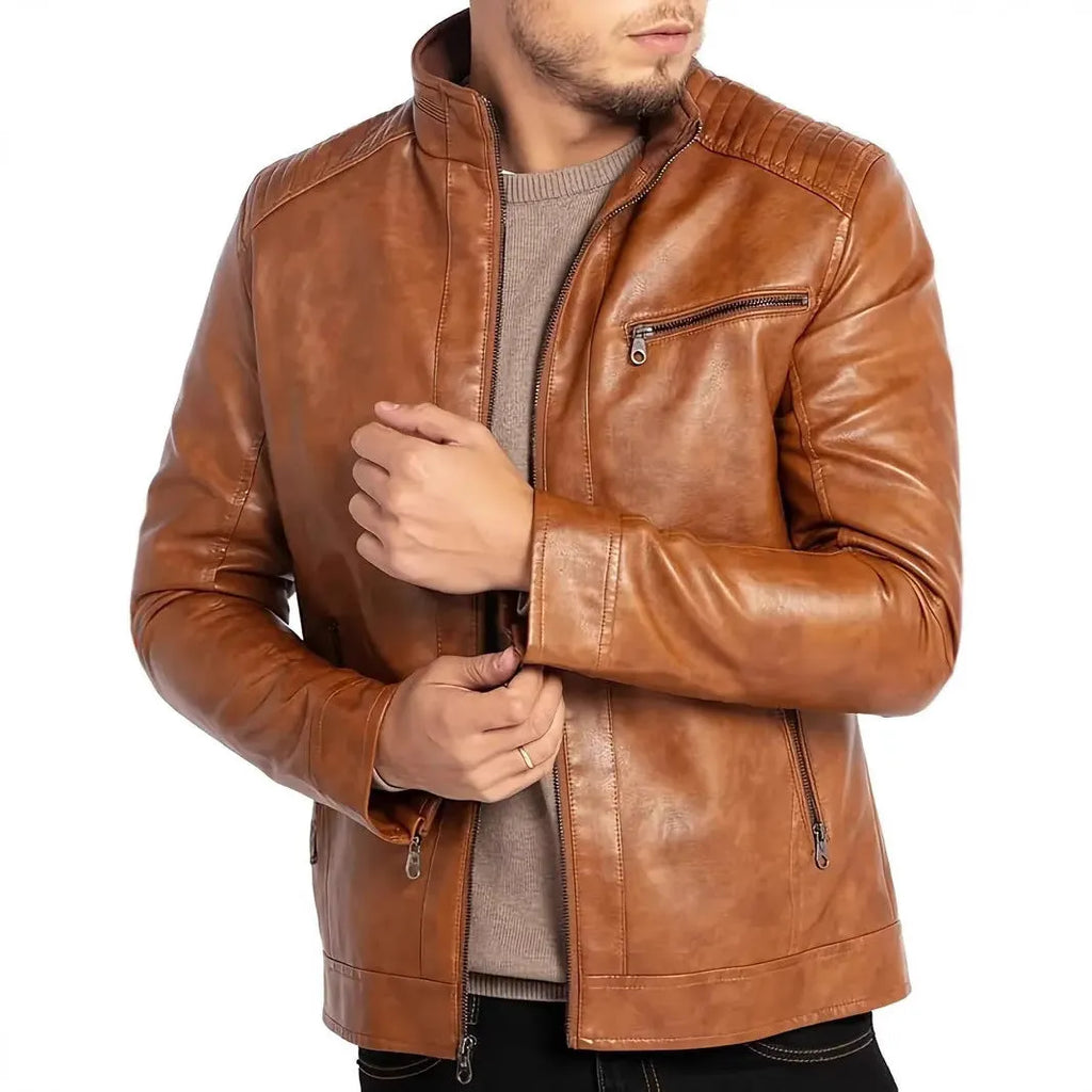 Men's punk-style artificial leather motorcycle jacket with stand collar in multiple colour options