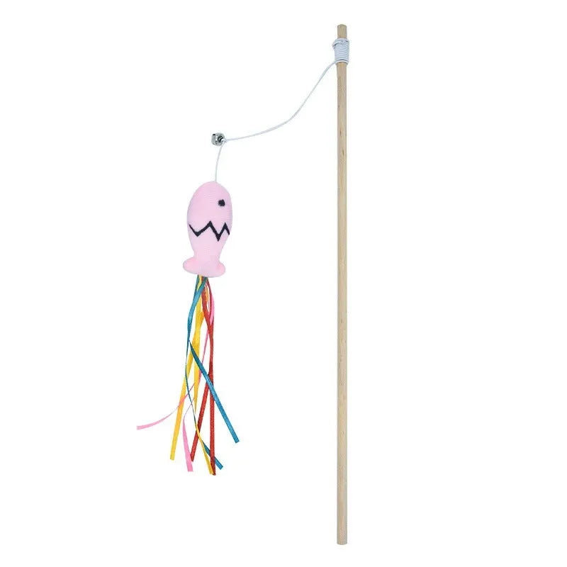 Cat wand toy with wooden handle, colourful ribbons, catnip fish and bell for indoor cats