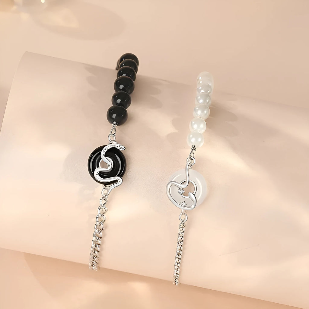 925 sterling silver couple bracelet with Chinese zodiac snake design and obsidian pearls