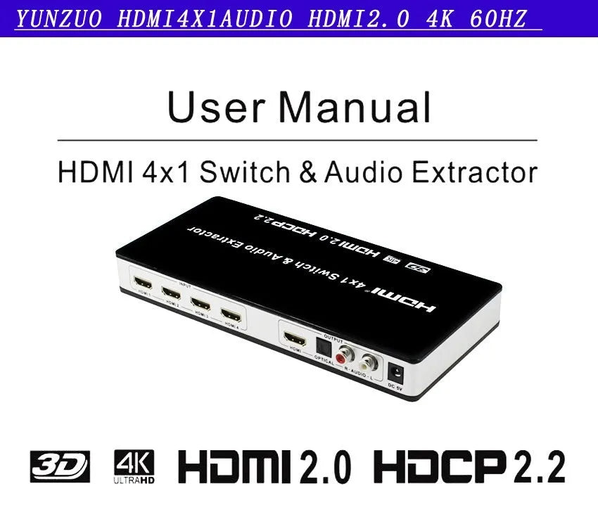 Black 4 input 1 output HDMI audio video switch with remote control on a table