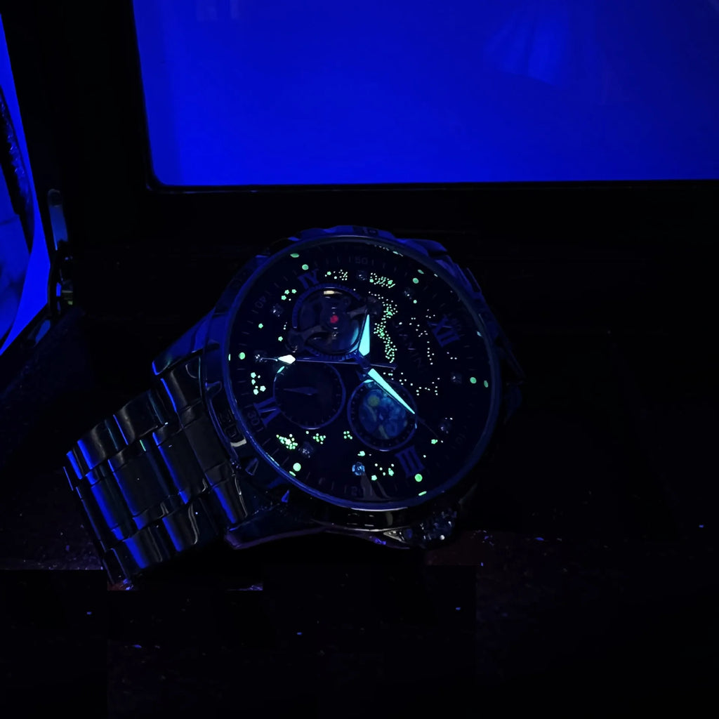 Men's automatic mechanical watch with rose gold case, black dial, and large multifunctional display