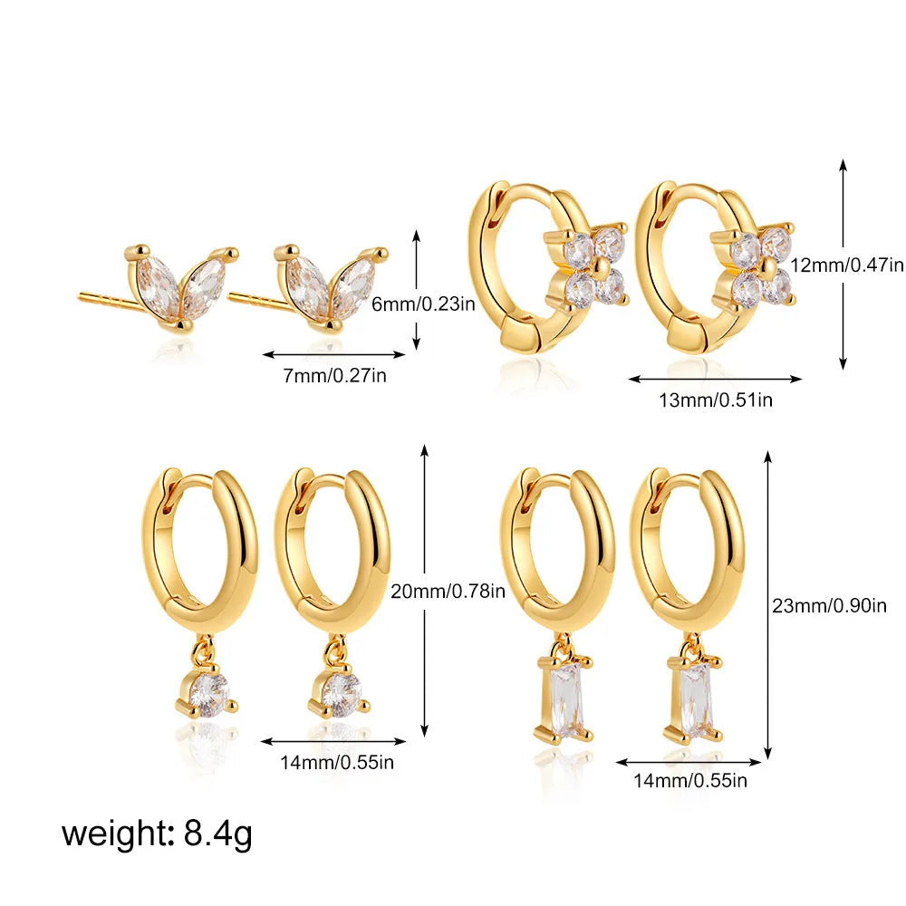 Copper geometric square earrings four-piece set with star designs and electroplated gold or silver finish