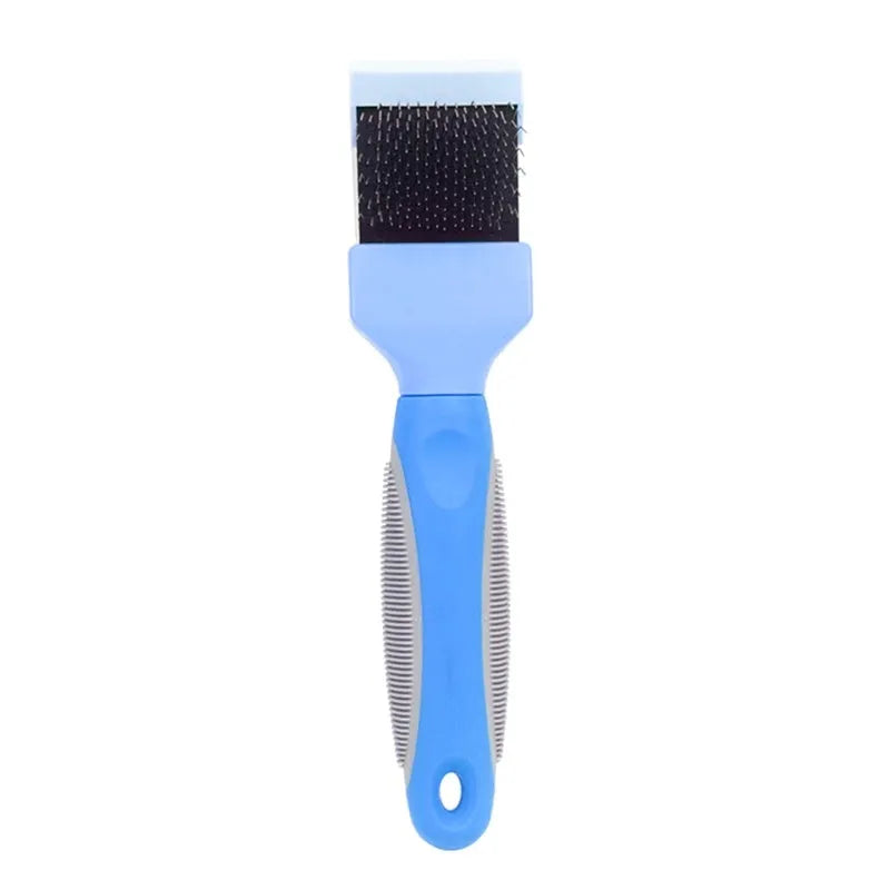 Double-sided pet grooming brush with stainless steel pins in blue or pink colour options