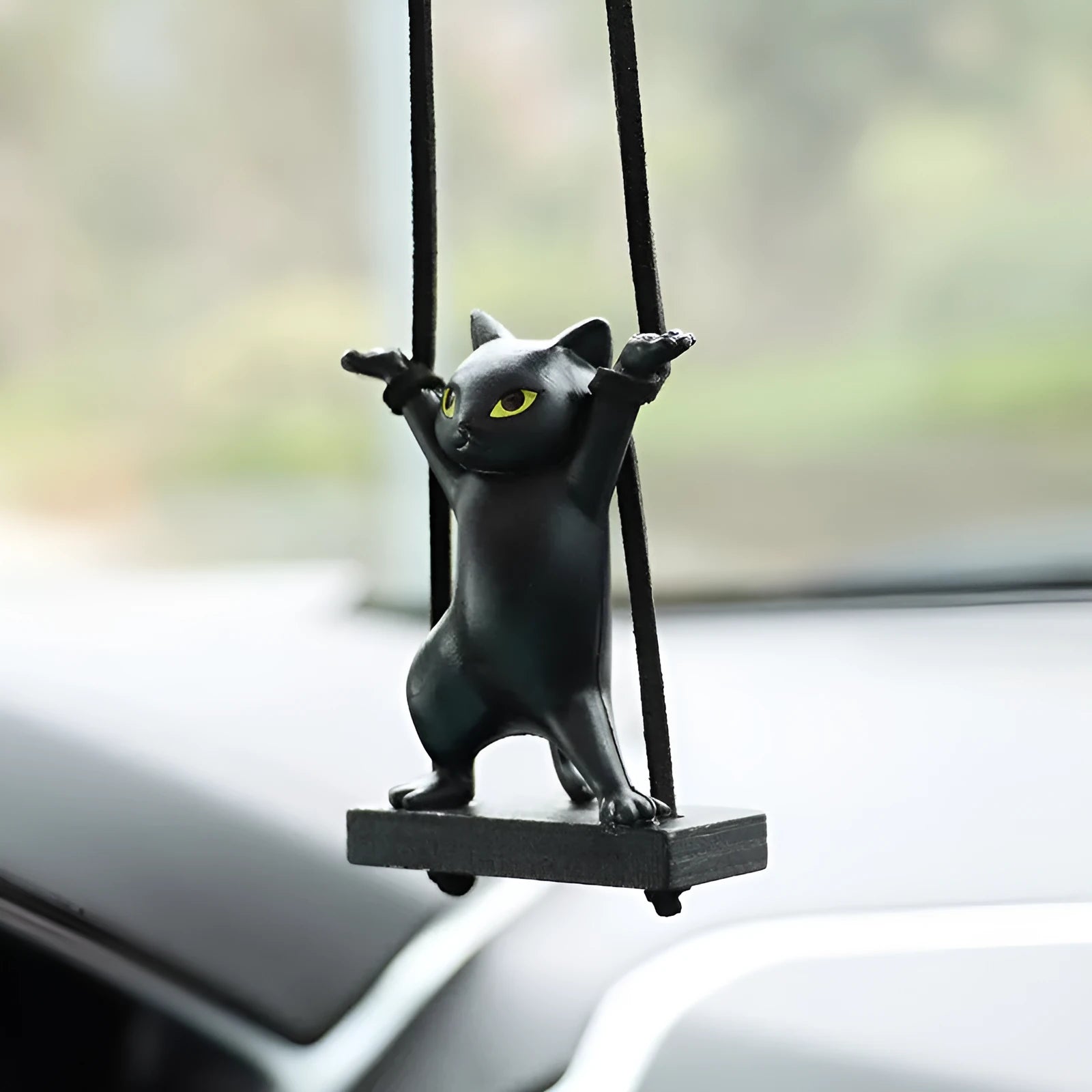 Cartoon resin cat pendant for car interior on a 25 cm adjustable rope, in black, white, flower, grey, or brown colour.