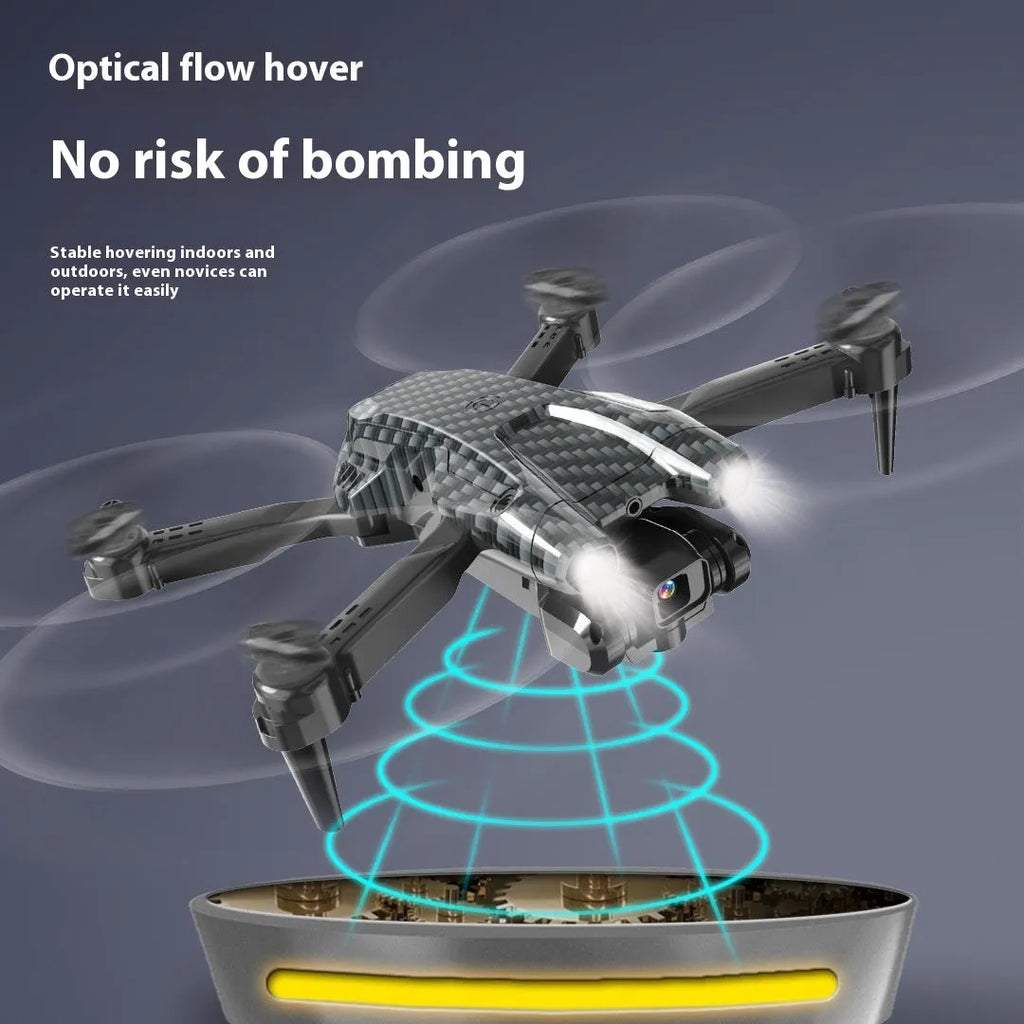 S138 black folding quadcopter drone with obstacle avoidance sensors and dual cameras, folded to under 30cm size