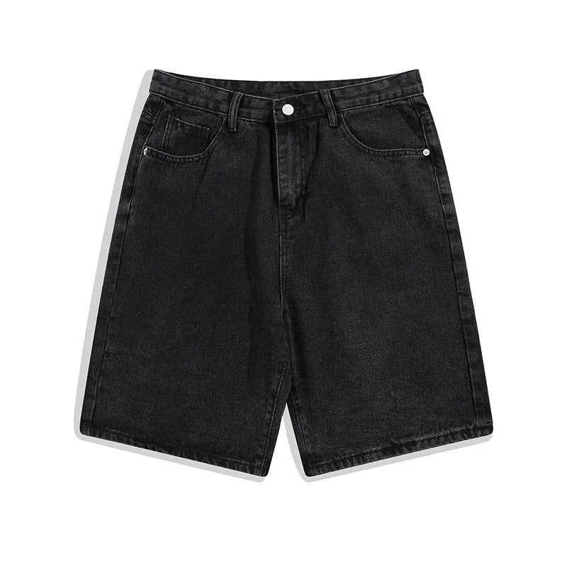 Men's light blue denim shorts showing five-pocket straight-leg design on a mid-rise waist
