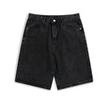 Men's light blue denim shorts showing five-pocket straight-leg design on a mid-rise waist