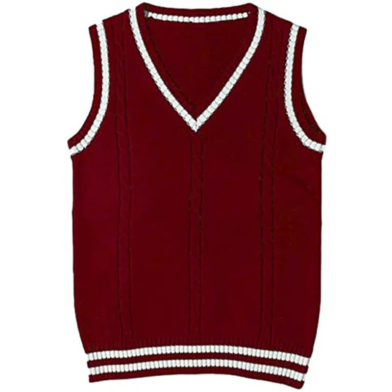 Women's slim fit black acrylic V-neck waistcoat sweater with white striped stitching detail.