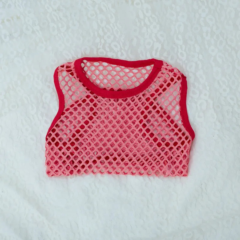 Hollow mesh dog vest in black with elastic large mesh fabric, side view on a dog