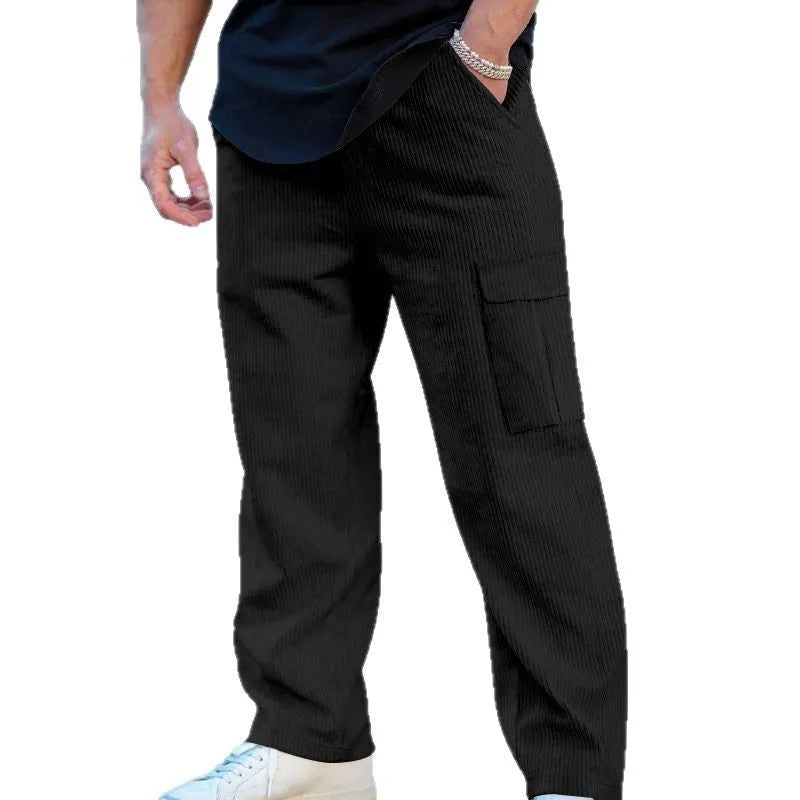 Men's straight-leg corduroy cargo trousers in navy blue with a drawstring waist.