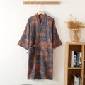 Men's cotton gauze kimono long dress bathrobe in dark blue, lightweight and breathable