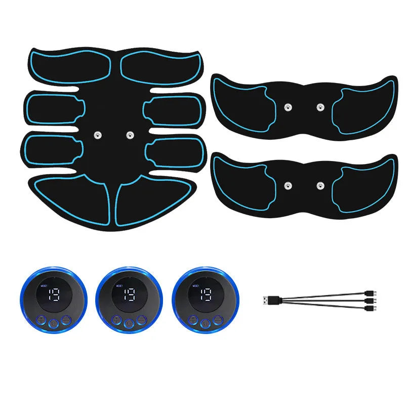 Abdominal muscle patch showing six electrode areas and digital display with charging port