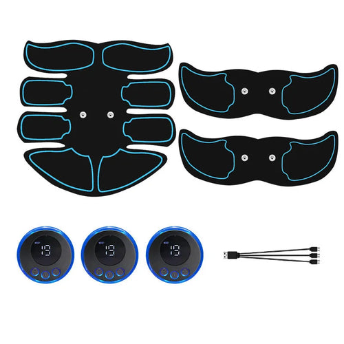 Abdominal muscle patch showing six electrode areas and digital display with charging port