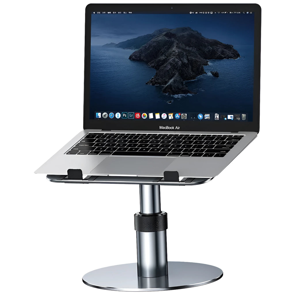 Silver adjustable aluminium alloy car laptop stand with rotating base and non-slip support plate.