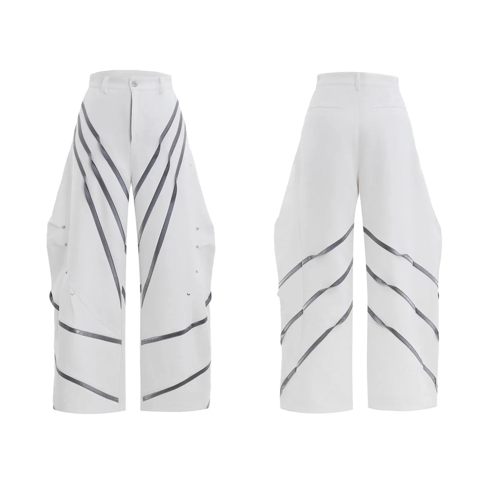 Men's black and white polyester trousers with three-dimensional cut and metal striped rivet pleats