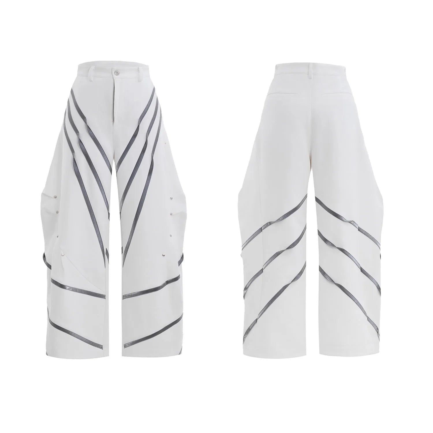 Men's black and white polyester trousers with three-dimensional cut and metal striped rivet pleats