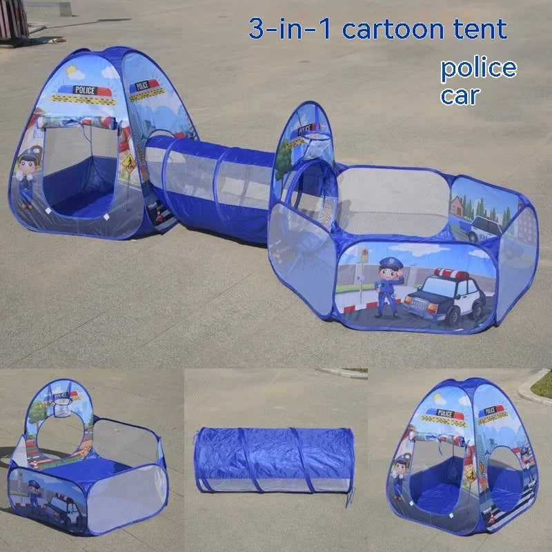 Cartoon marine themed three-in-one children's fabric play tent with ball pool tunnel