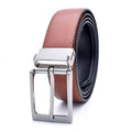 Men's brown and black genuine leather belt with rotating pin buckle on dark background