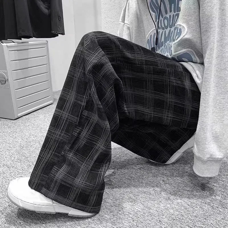 Japanese retro loose pants with plaid pattern in black or green, straight-leg cut, mid-waist design