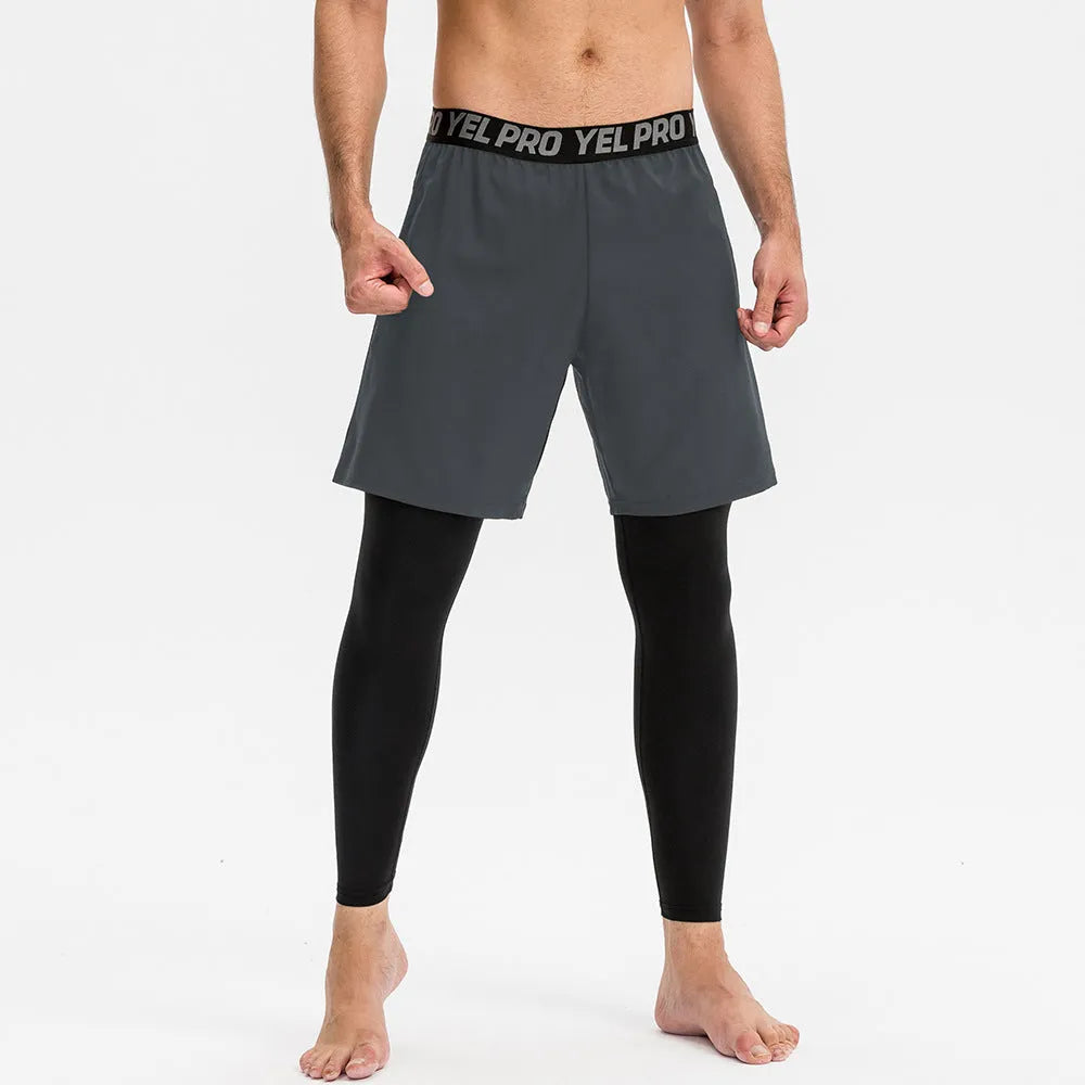 Men's grey quick-drying high elastic tight sports pants for fitness and running.