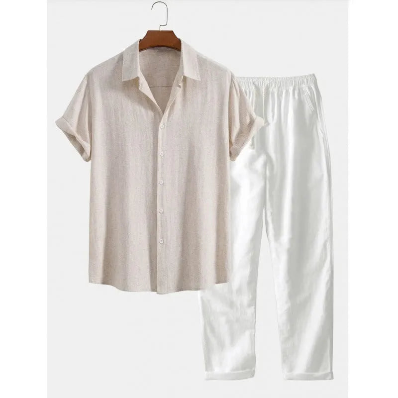 Men's light coloured linen-look casual short sleeve shirt and trouser two-piece suit set on a hanger.