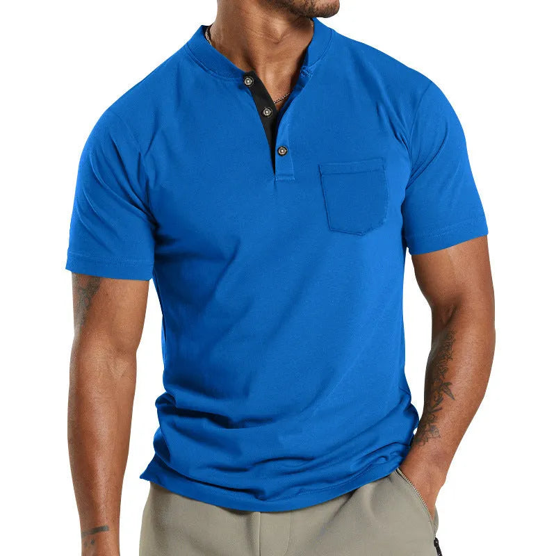 Men's plus size short sleeve button pocket shirt in solid colour polyester fabric.