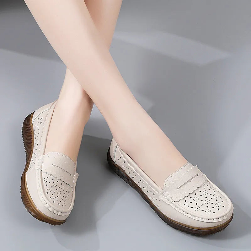 Women's breathable cutout flat shoes with tendon bottom soft sole in beige hollow style