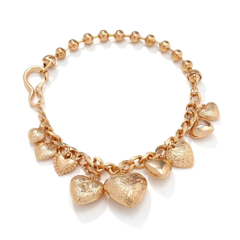 Women's gold carved heart pendant necklace on metal chain with adjustable 41-50cm length