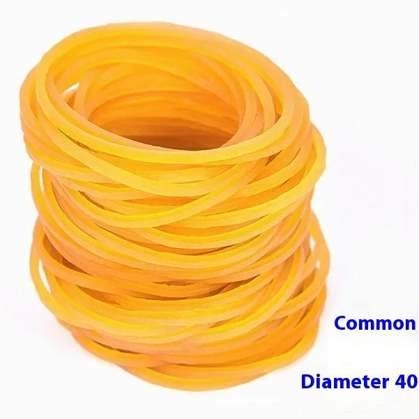500g pack of assorted yellow rubber bands in sizes from 16mm to 70mm diameter