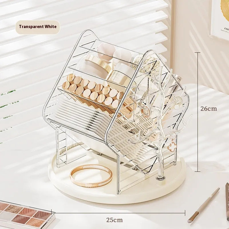Rotating clear plastic cosmetics storage box on a counter, showing 360-degree spin function.