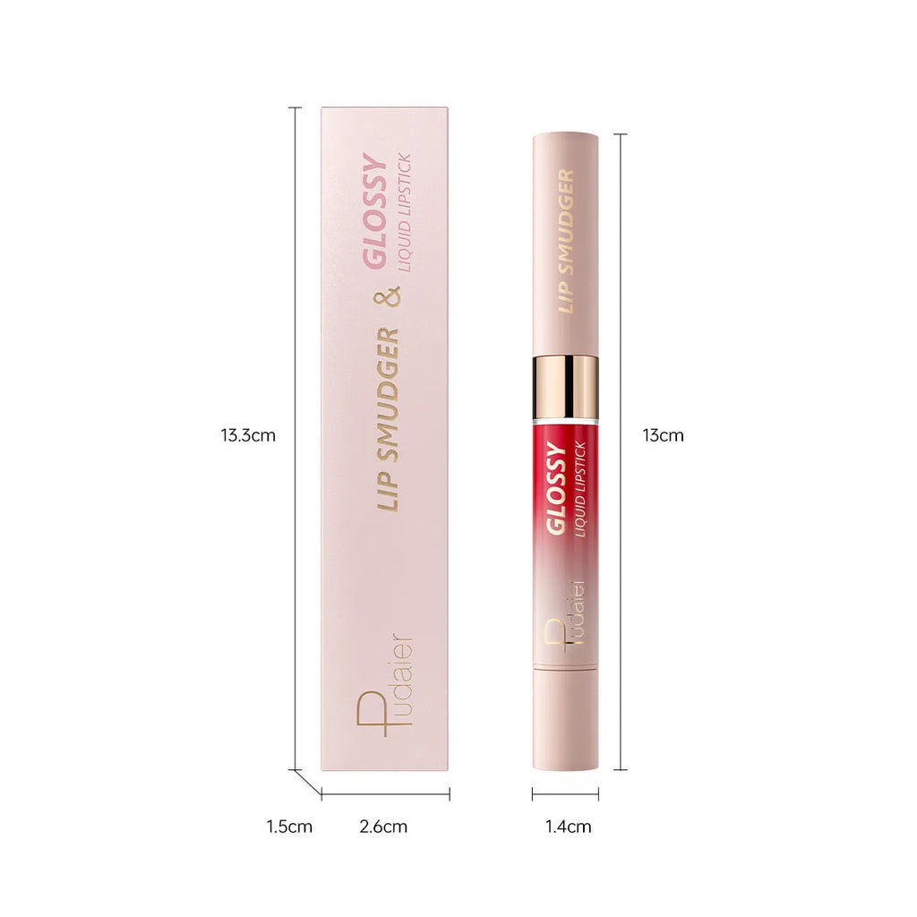 Double-headed lipstick and lip gloss set showing matte finish, available in ten different colour options.