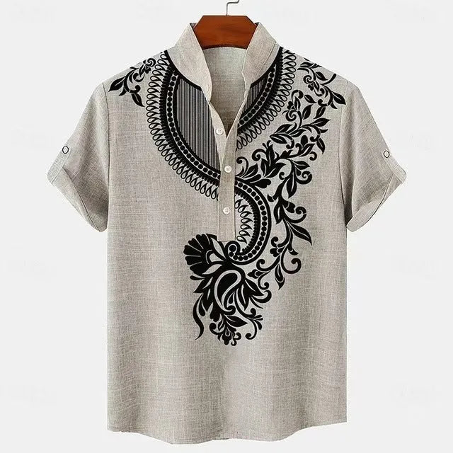 Men's striped loose fit casual shirt with personalised buttons on a hanger.