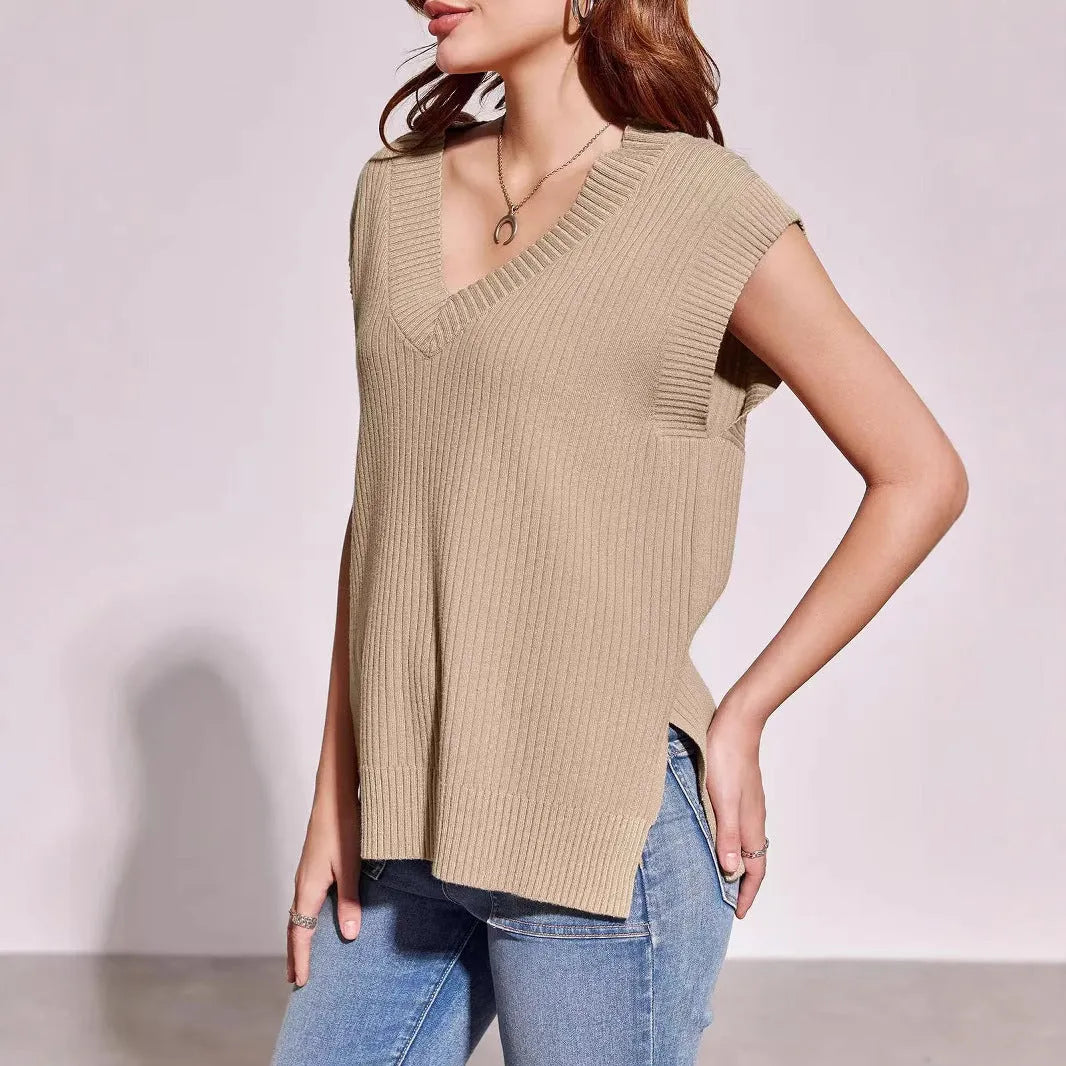 Camel and white loose v-neck sleeveless pullover vests in striped and plaid viscose fabric