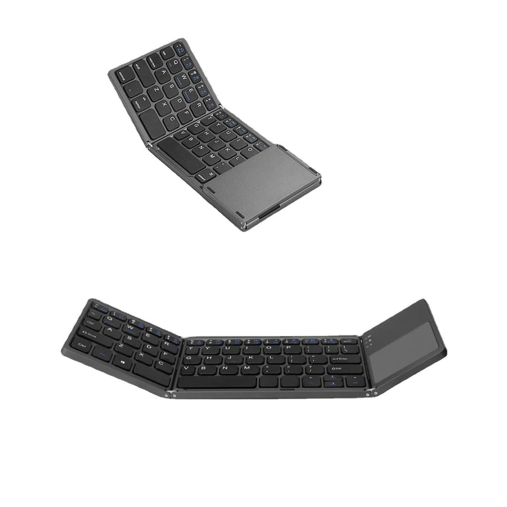 Mini tri-fold Bluetooth keyboard shown unfolded and folded, black colour option