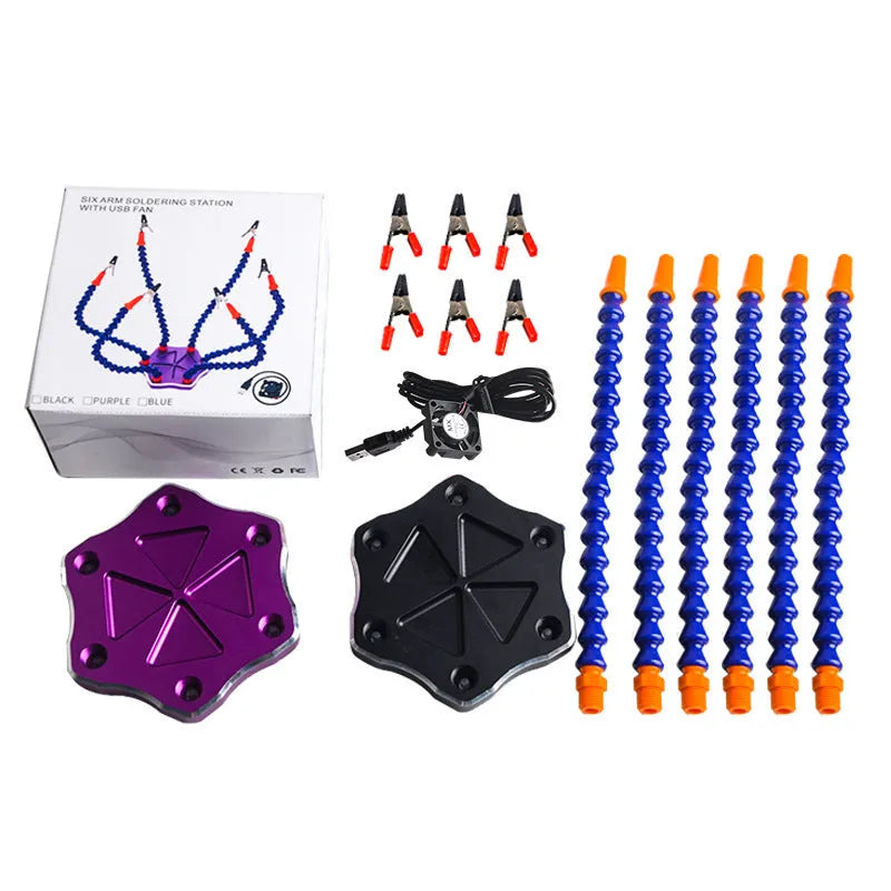 Black and purple aluminium six-jaw welding station with seven auxiliary arms for model repair soldering