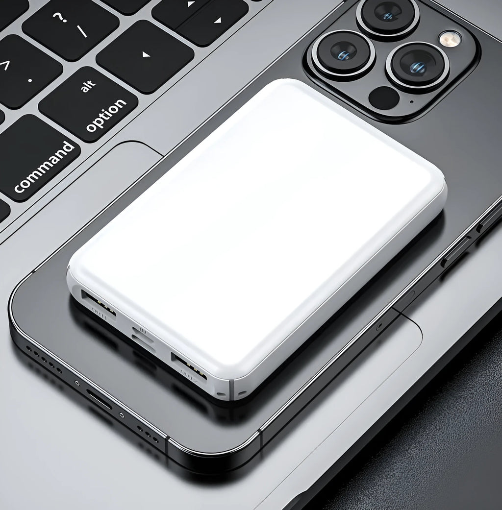 Black and white electric heating vest power bank with dimensions 97x64x14mm.