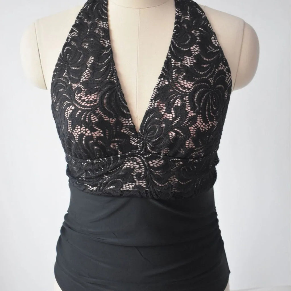 Sexy patchwork backless tight-fitting cinched belly covering one-piece swimsuit in black polyester