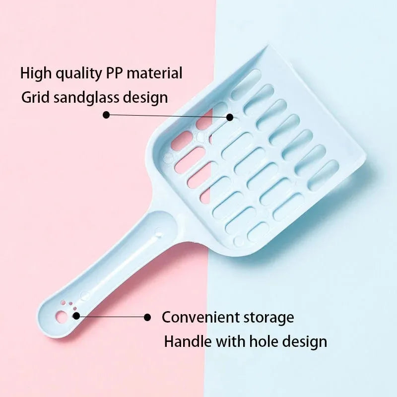 Blue plastic cat litter scoop for cleaning pet toilets, shown with dimensions.