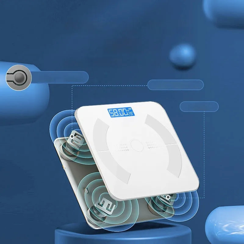Smart Bluetooth body fat scale in white colour showing digital display with weight and body fat measurements