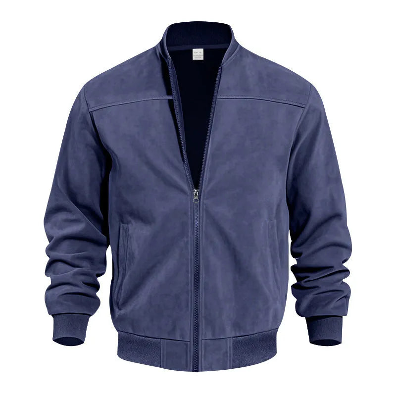 Man wearing a men's plus size suede casual jacket in army green with a zipper front.