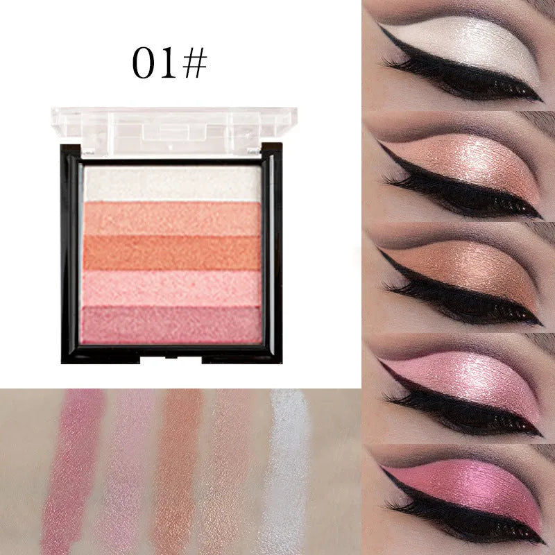 Highlight and contour eye shadow palette with six colour options for universal skin types.