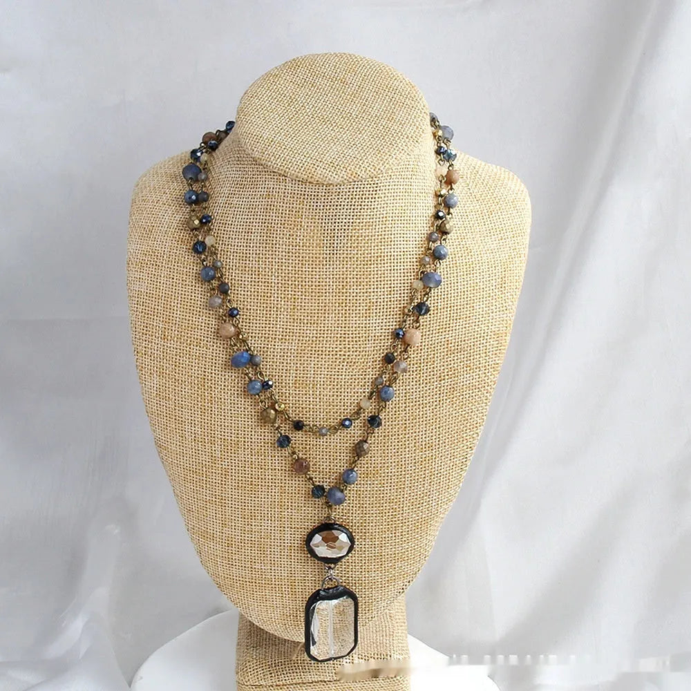 Tribal style two-layer chain necklace with natural stone and glass pendant