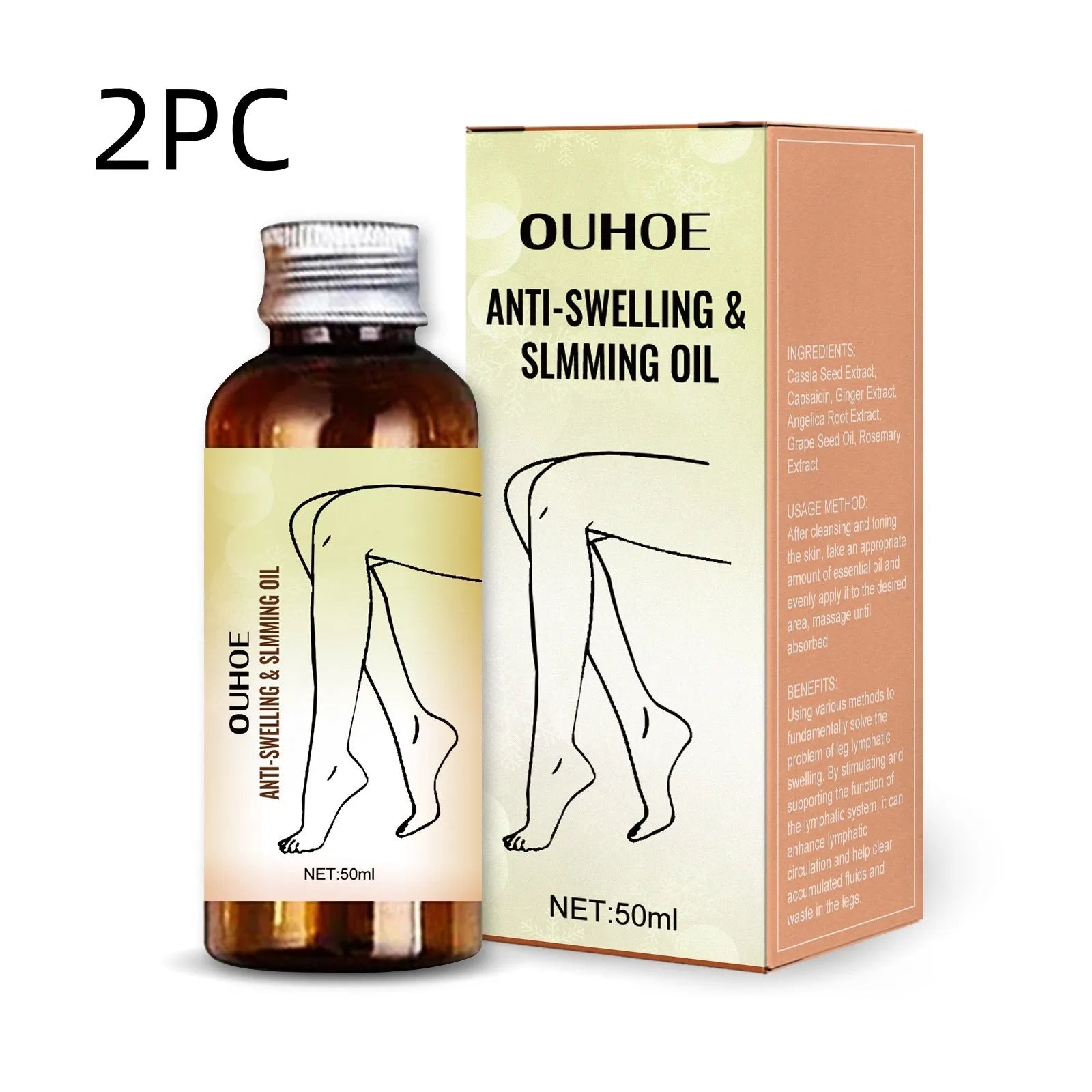 50ml bottle of moisturising essential oil with botanical extracts for body skin care and leg massage