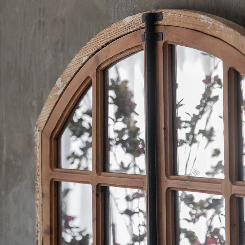 Distressed wooden frame fake window wall mirror in log colour