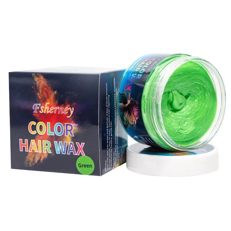 120g container of hair styling clay shown in one of nine colour options: blue, green, purple, red, orange, yellow, white, rose red, or granny grey.