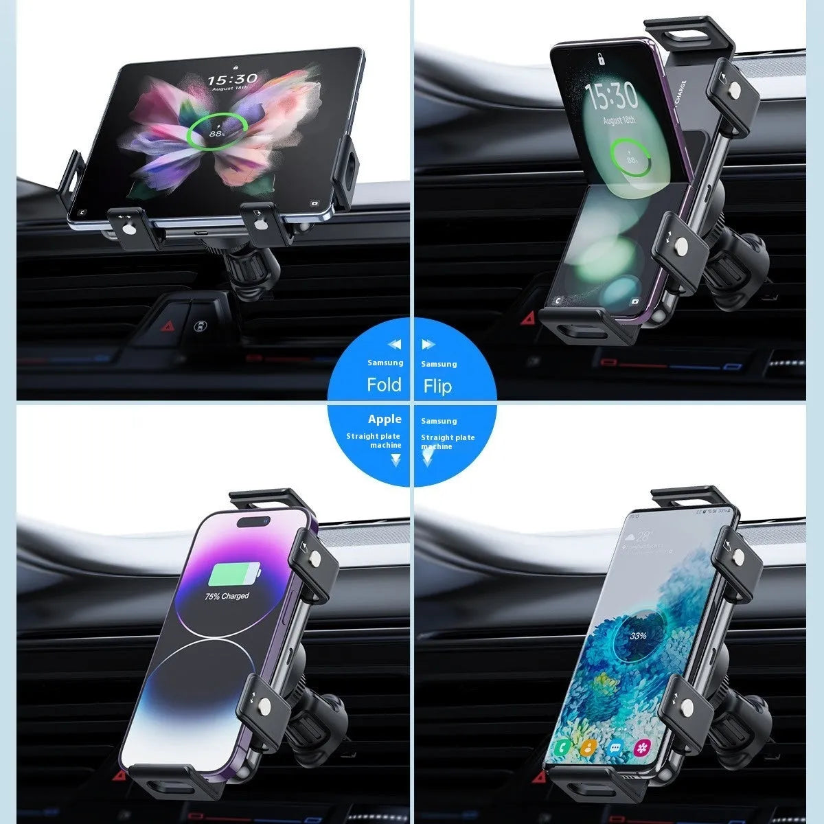 New car wireless charger mobile phone holder in silver alloy with universal fit and dedicated S20A S20B editions